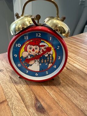 Vintage Red Blue Tin Twin-Bell Alarm Clock